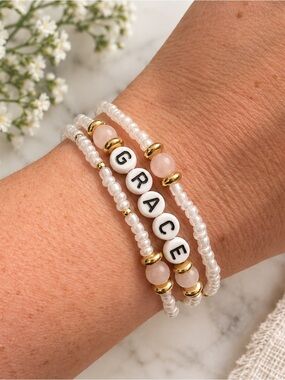 Handmade 'GRACE' White and Pink Beaded Bracelet Stack